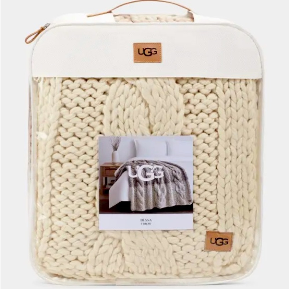 UGG DESSA CABLE KNIT HAND-KNIT THROW 2 TONE FAWN/CREAM BLANKET 50X70 $248 NWT